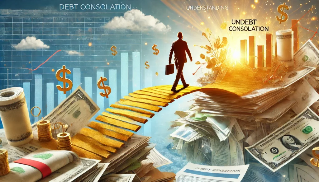 A person crossing a golden bridge made of financial documents, moving from a chaotic debt situation to a stable and organized financial future, symbolizing financial progress. The background is bright and encouraging, emphasizing financial relief.