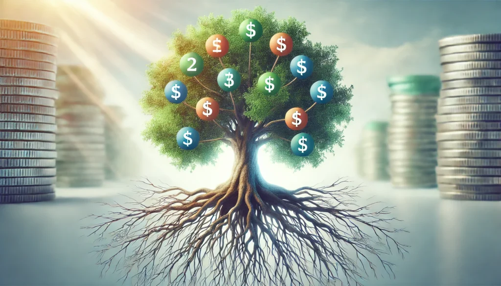 A tree with deep roots symbolizing financial security, where each root represents different debts merging into a single strong trunk, symbolizing consolidation. The background is bright and peaceful, emphasizing financial growth and stability.