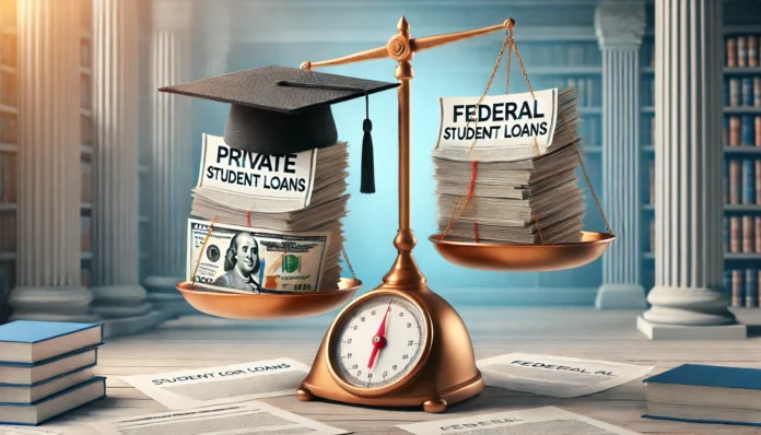 A graduation cap resting on a balanced scale with private and federal loan documents merging into one organized pile, symbolizing financial unification. The background is bright and professional, emphasizing financial stability and education.