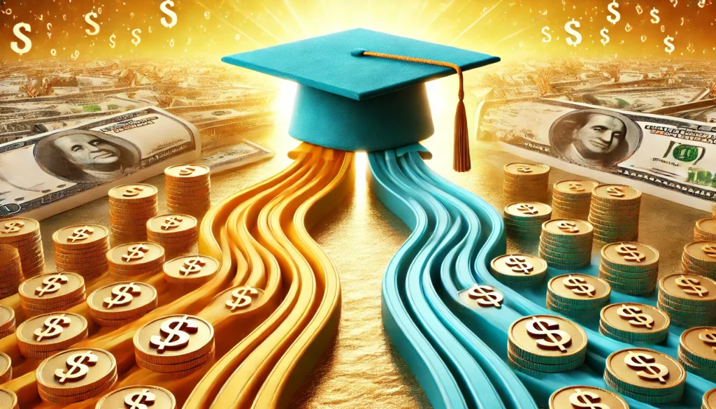 Two separate financial streams merging into a single golden river leading to a graduation cap, symbolizing loan unification. The background is bright and hopeful, emphasizing financial relief and education success.