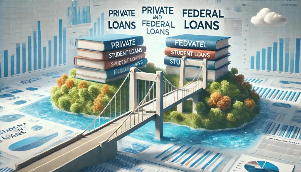 A bridge made of financial documents connecting two separate islands representing private and federal loans, leading to a stable financial future. The background is bright and structured, symbolizing financial clarity and relief.