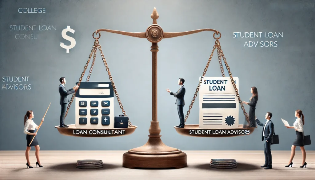 A balanced scale with a consultant reviewing loan options on one side and an advisor assisting with repayment plans on the other, symbolizing financial comparison and guidance. The background is professional and neutral, emphasizing informed decision-making.