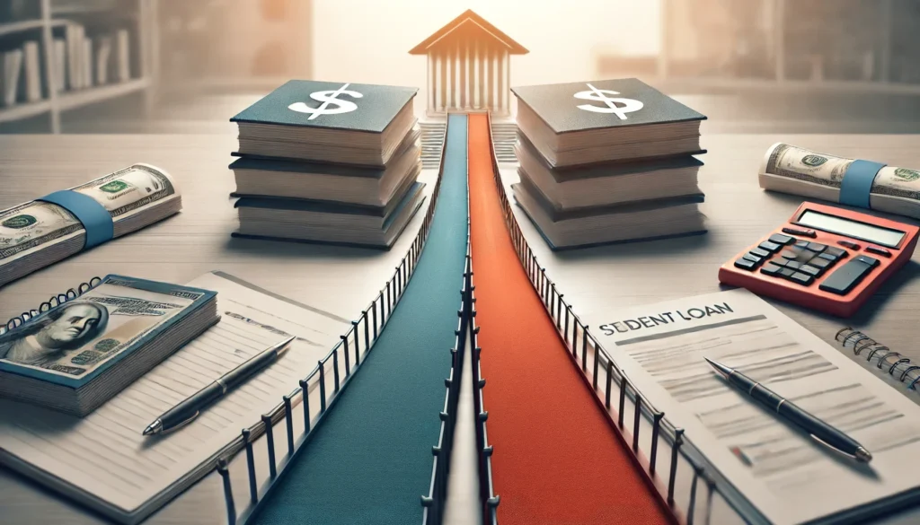 A financial bridge splitting into two paths: one leading to loan structuring and the other leading to debt repayment guidance, symbolizing distinct financial services. The background is bright and neutral, emphasizing financial choices and planning.