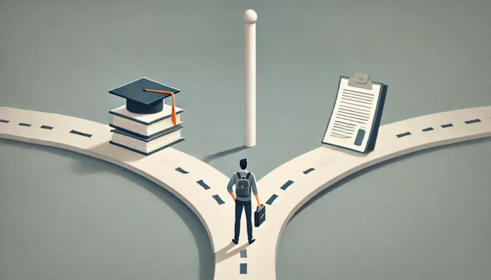 A person standing at a fork in the road, one path leading to a financial expert with loan documents and the other to an advisor offering guidance on repayment plans. The background is neutral and professional, symbolizing financial decision-making.