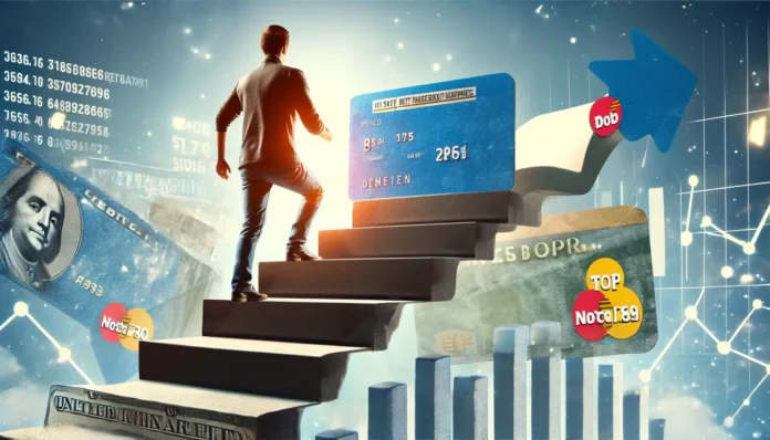 A person climbing a staircase made of credit cards and financial documents, symbolizing progress towards financial freedom. The background is bright and motivating, emphasizing financial growth and success.