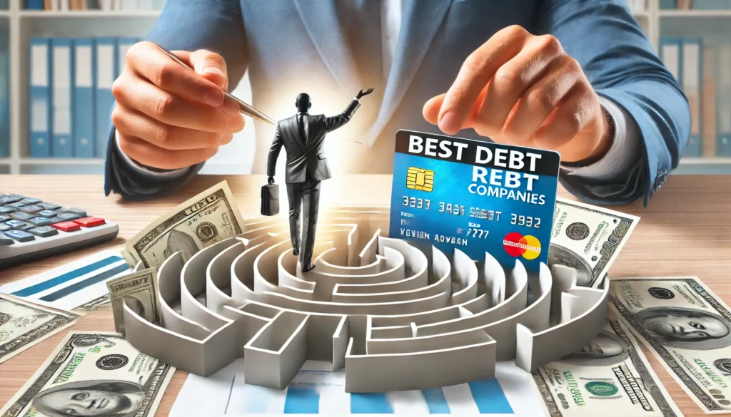 A professional financial advisor guiding a person out of a maze made of credit cards and bills, symbolizing expert debt relief assistance. The background is bright and structured, emphasizing financial stability and support.