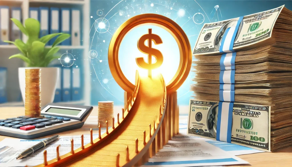 A strong golden bridge leading from a pile of overdue bills to financial security, symbolizing debt relief programs. The background is bright and professional, emphasizing financial stability and success.