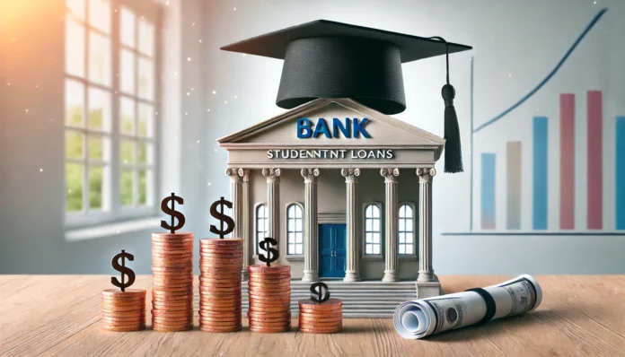 A secure bank building with graduation caps and stacks of coins in front, symbolizing financial institutions providing education funding. The background is bright and professional, emphasizing financial support for students.