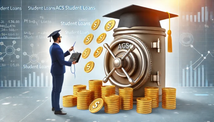 A student in a graduation cap receiving financial assistance in the form of golden coins flowing from a secure vault, symbolizing student loan support. The background is bright and professional, emphasizing financial aid and education funding.