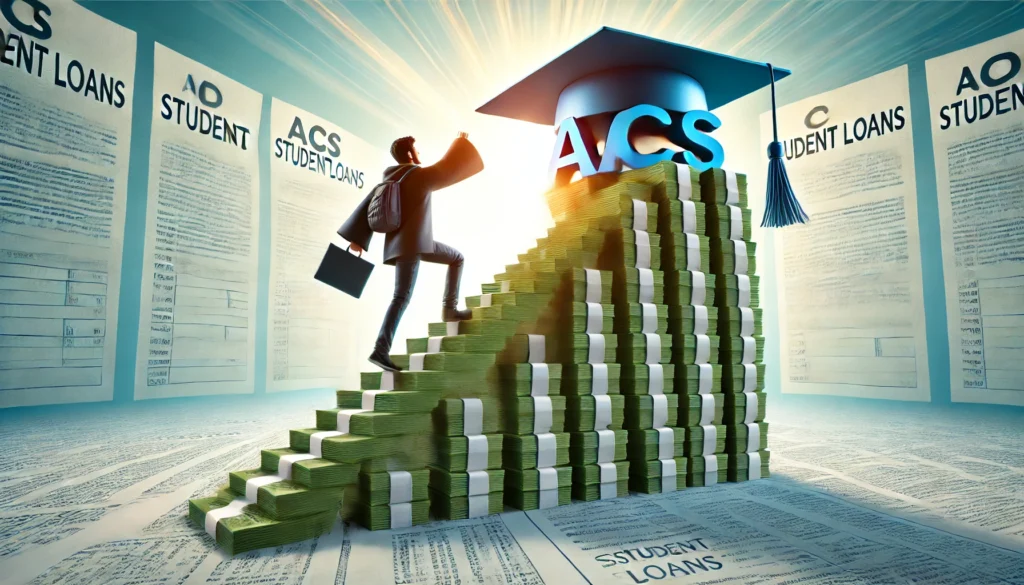 A student climbing a staircase made of financial documents leading to a graduation cap, symbolizing financial assistance in achieving higher education. The background is bright and optimistic, emphasizing academic success and financial support.