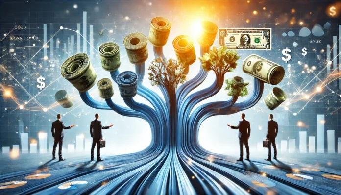 Multiple financial streams merging into a single organized flow of wealth, symbolizing debt and asset consolidation. The background is bright and professional, emphasizing financial control and stability.