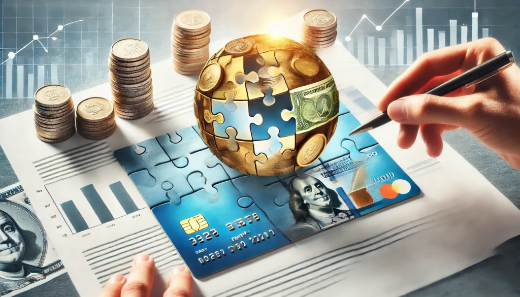 A puzzle with different financial elements (coins, credit cards, documents) being assembled into a complete picture, symbolizing structured financial management. The background is bright and structured, emphasizing financial clarity and organization.