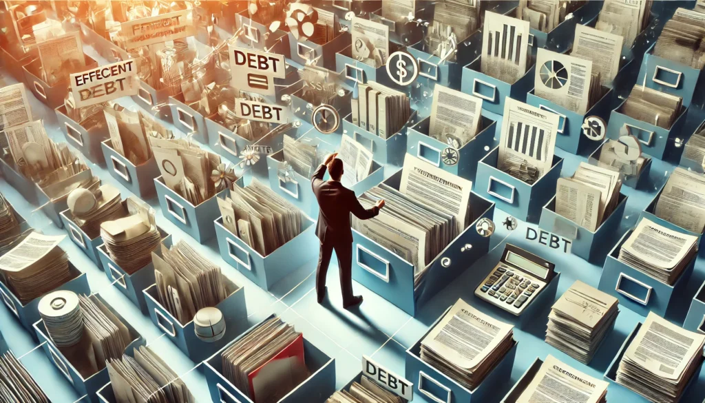 A person organizing scattered financial documents into a single structured file, symbolizing efficient debt and asset management. The background is bright and organized, emphasizing financial control and planning.