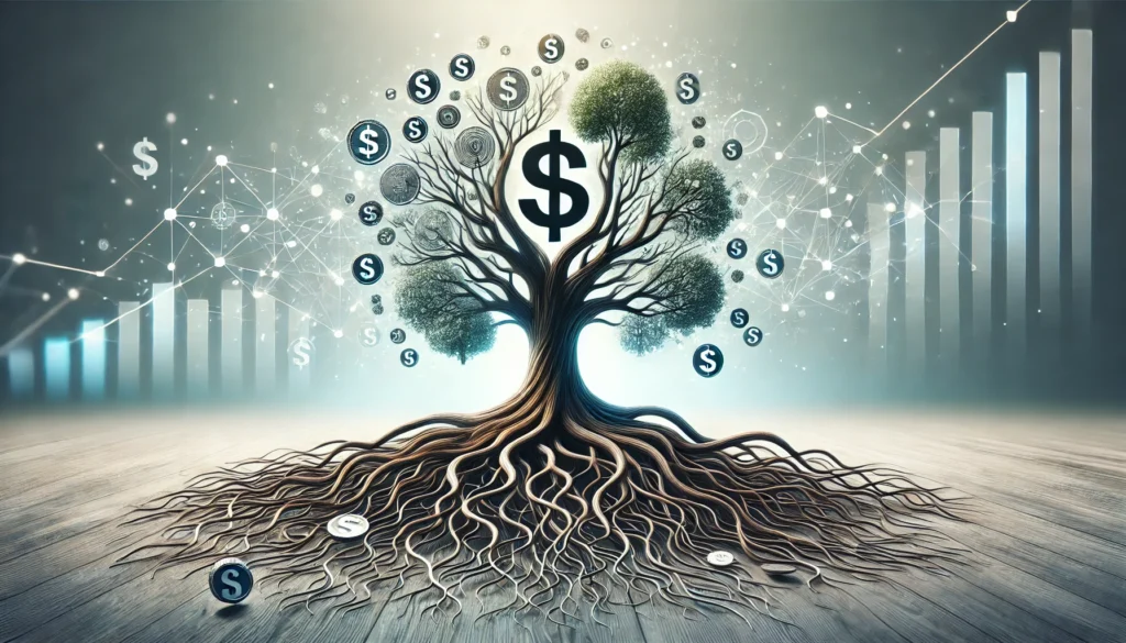 A tree with multiple tangled roots merging into a single strong trunk, symbolizing the integration of financial resources and debt management. The background is bright and stable, emphasizing financial growth and security.