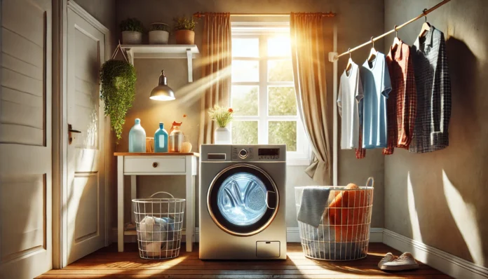 A laundry room featuring a clothesline and an energy-efficient washing machine. Sunlight streams through a window as clothes dry naturally, highlighting frugal living through energy and water conservation