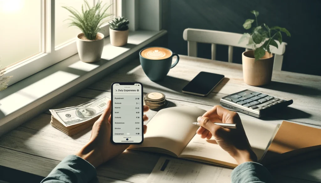 Person using a smartphone daily expenses app at a cozy, sunlit kitchen table surrounded by bills, a notebook, and a coffee cup, portraying a frugal yet organized lifestyle