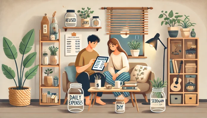 Minimalist living room with a young couple reviewing daily expenses on a tablet, surrounded by frugal decor like reused jars, secondhand furniture, and an indoor herb garden