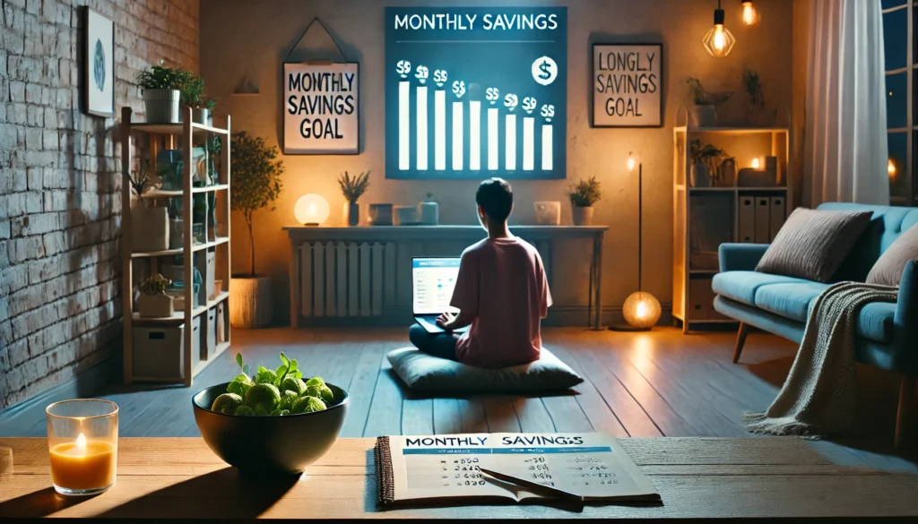 Peaceful home scene at night with a person using a laptop to view a finance dashboard, surrounded by soft lighting, simple decor, a modest meal, and a visible savings goal note—highlighting digital frugal living habits