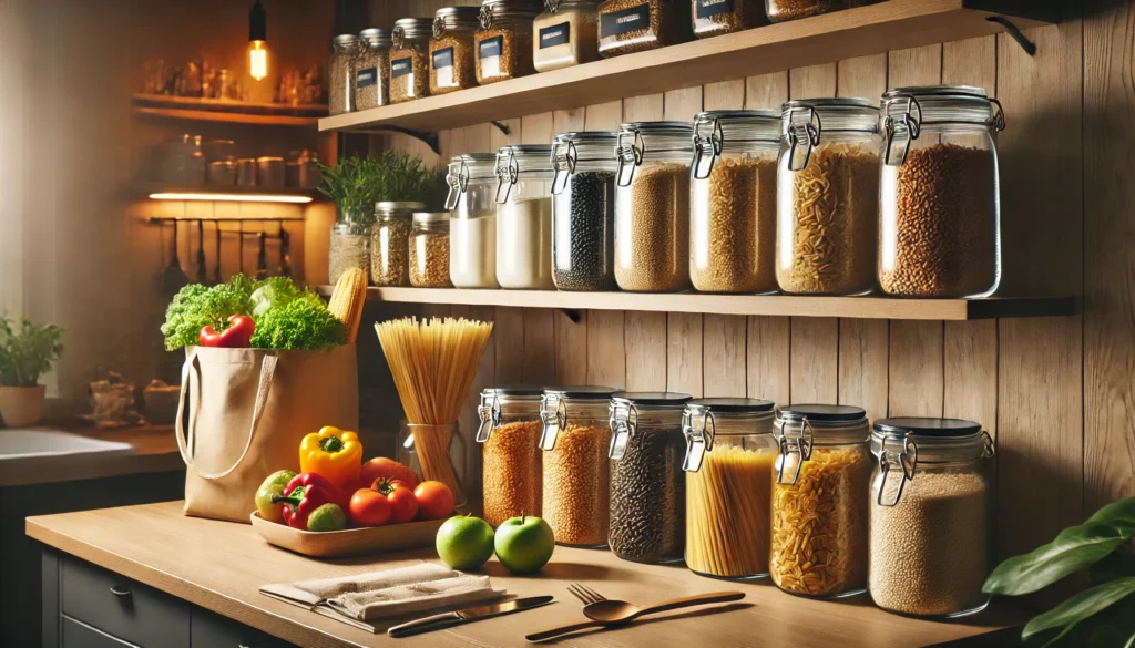 Modern kitchen with bulk pantry items in glass jars, fresh produce, and reusable grocery bags, showcasing a frugal, zero-waste food storage lifestyle