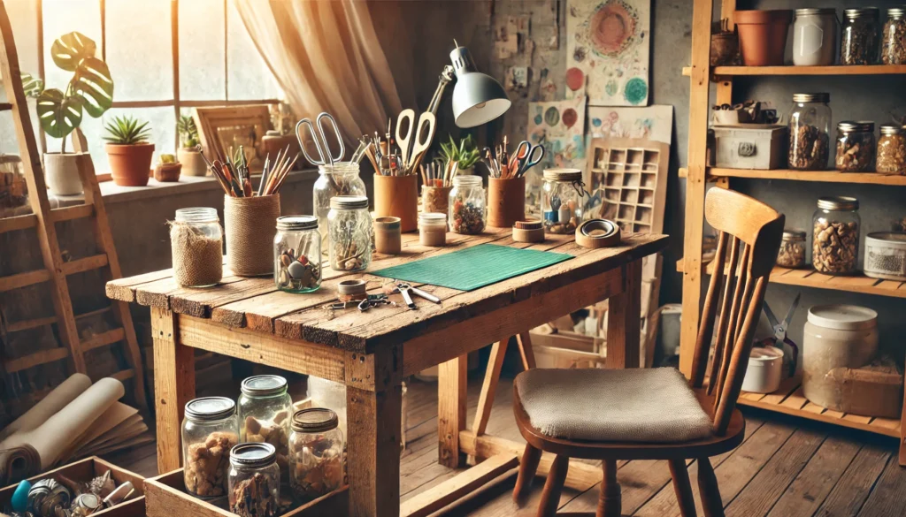 DIY workspace with a reclaimed wood desk, repurposed materials, and crafting tools, illustrating a creative and budget-friendly lifestyle setup