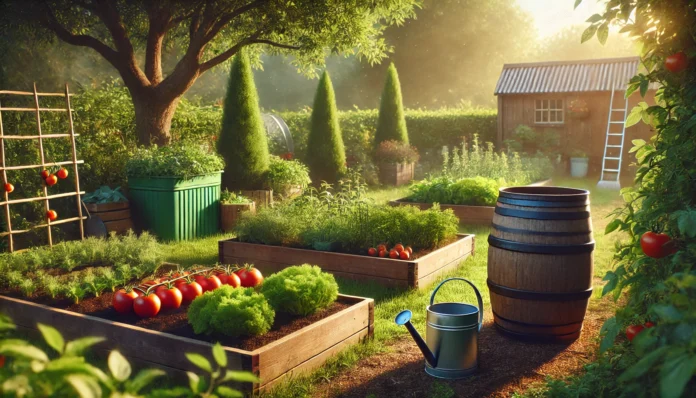 Outdoor vegetable garden with raised beds, a rain barrel, and compost bin, highlighting self-sufficient, frugal living through homegrown produce