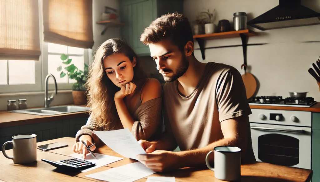 Young couple sitting at a kitchen table with worried expressions, surrounded by bills, a calculator, and coffee mugs in a modest home setting, visually representing financial stress from unexpected expenses