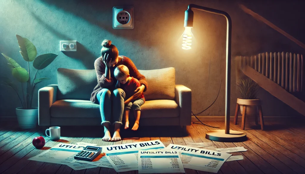 Single parent sitting on a couch with a child in a dimly lit room, surrounded by open utility bills and an unplugged lamp, visually symbolizing the strain of unexpected expenses on everyday living