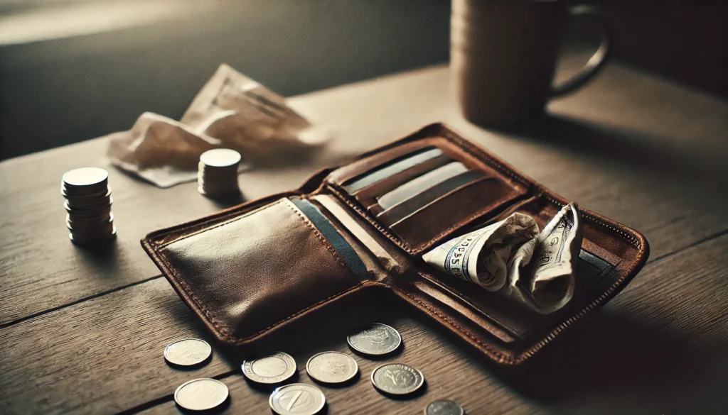 Close-up of a worn wallet lying open on a wooden table, revealing only a few coins and crumpled receipts, visually portraying the impact of unexpected expenses on personal finances
