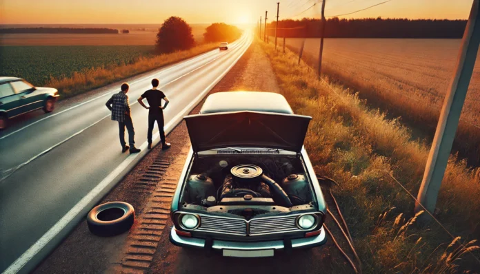 Overhead view of an old car broken down on a rural roadside at sunset, with a person standing beside it looking at the engine, visually representing unexpected car repair expenses