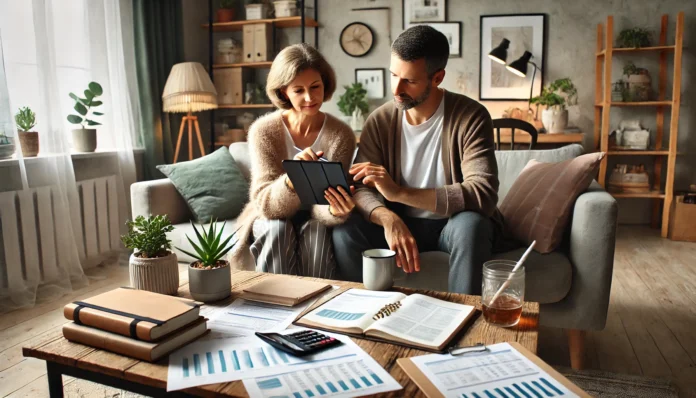Cozy living room with couple budgeting together on a tablet, surrounded by tea and notebooks, illustrating teamwork and thoughtful financial planning