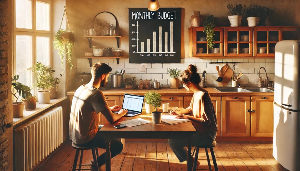 A couple reviewing their monthly budget at a wooden kitchen table in a cozy, sunlit home, symbolizing smart financial planning and frugal living