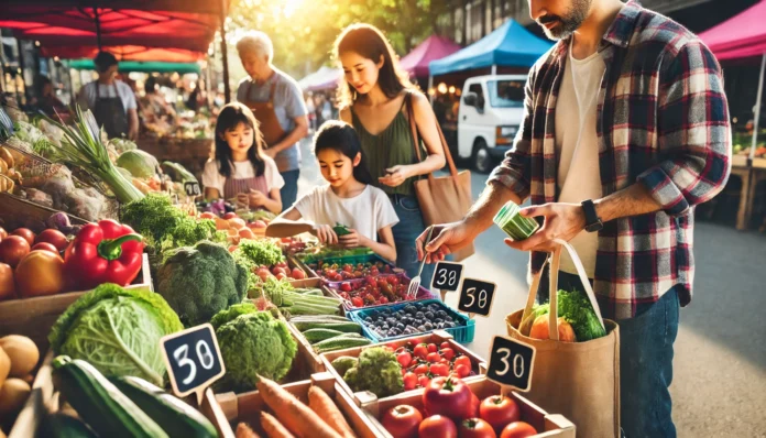 A family comparing prices while selecting produce at a vibrant farmer’s market, reflecting frugal spending, budgeting choices, and sustainable living