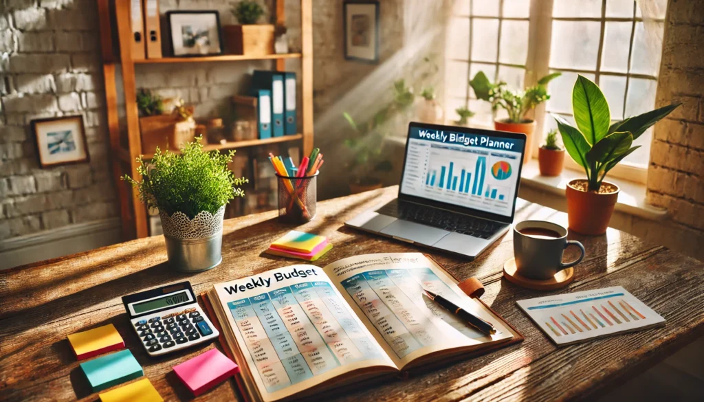A cozy home office scene featuring a wooden desk with a weekly budget planner, calculator, coffee, laptop with financial graphs, and colorful sticky notes, illuminated by natural light through a window