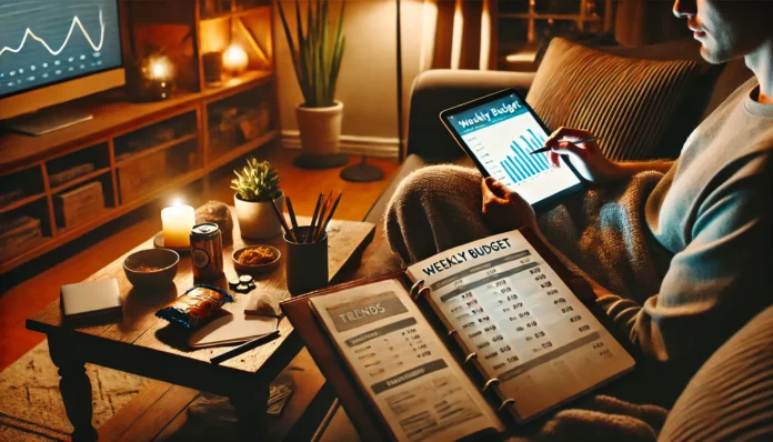 A cozy living room in warm evening lighting where a person sits on a couch reviewing a weekly budget planner, with a tablet showing spending trends on a nearby coffee table