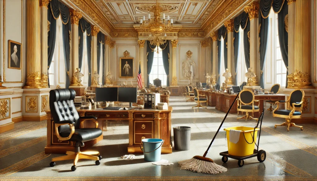Luxurious but idle government office with gold-trimmed furniture and unused high-end equipment, symbolizing wasteful spending versus frugal living represented by a janitor’s mop and bucket