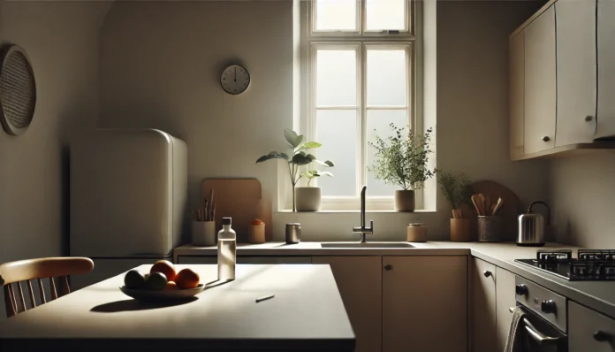 Minimalist kitchen with clean countertops, neutral tones, and natural lighting, symbolizing a clutter-free and frugal lifestyle