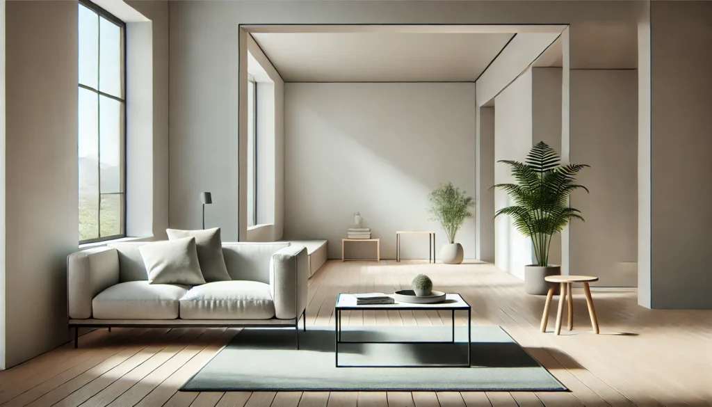 Minimalist living room with essential furniture and open space, capturing the essence of intentional living and reduced spending