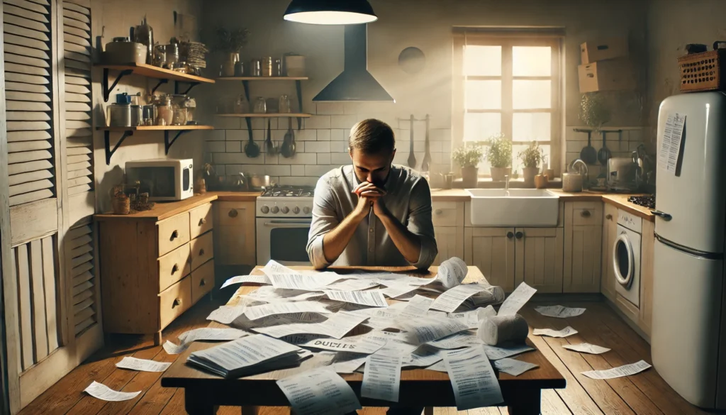 A person sitting at a cluttered kitchen table, surrounded by bills and receipts, appearing overwhelmed in a dimly lit, modest home—visually representing financial stress and the struggle of overspending