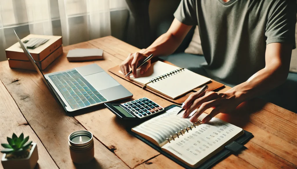 A person tracking expenses at a wooden desk using a notebook, calculator, and laptop—depicting a modest home office setup focused on budgeting and financial organization
