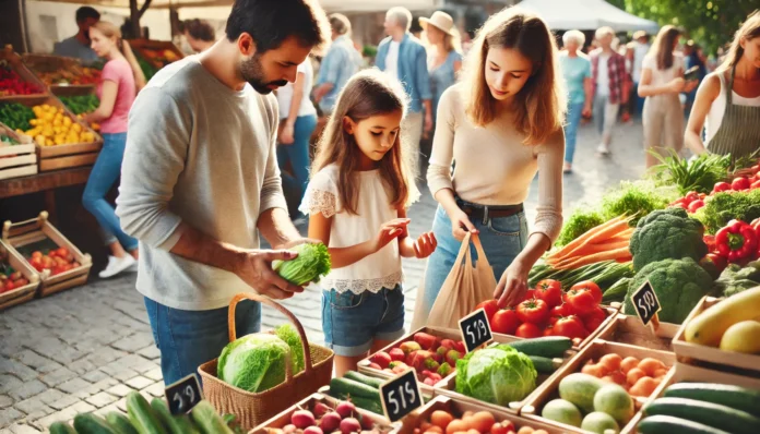 A family shopping at a farmers market, thoughtfully selecting fresh produce—capturing a frugal and mindful approach to everyday spending in a bright, outdoor setting