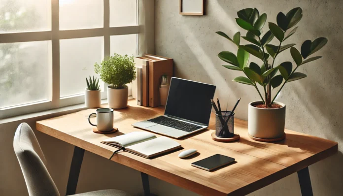 Minimalist home office with a laptop, notepad, and potted plant on a simple wooden desk, symbolizing budget-friendly workspace for small business expense tracking