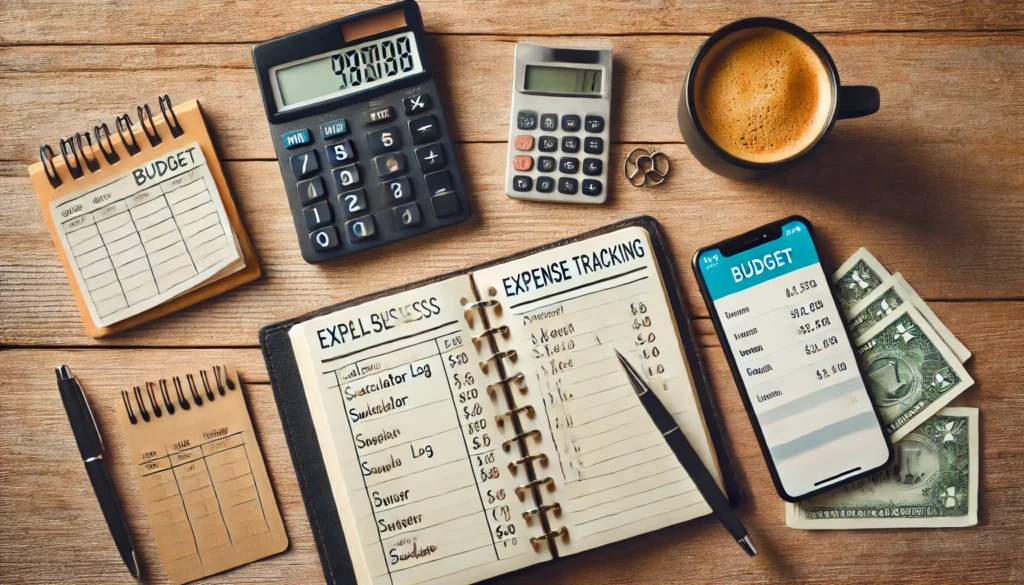Overhead view of a small business expense tracking setup with a calculator, handwritten notebook, smartphone budget app, and coffee cup on a wooden table, representing affordable financial organization