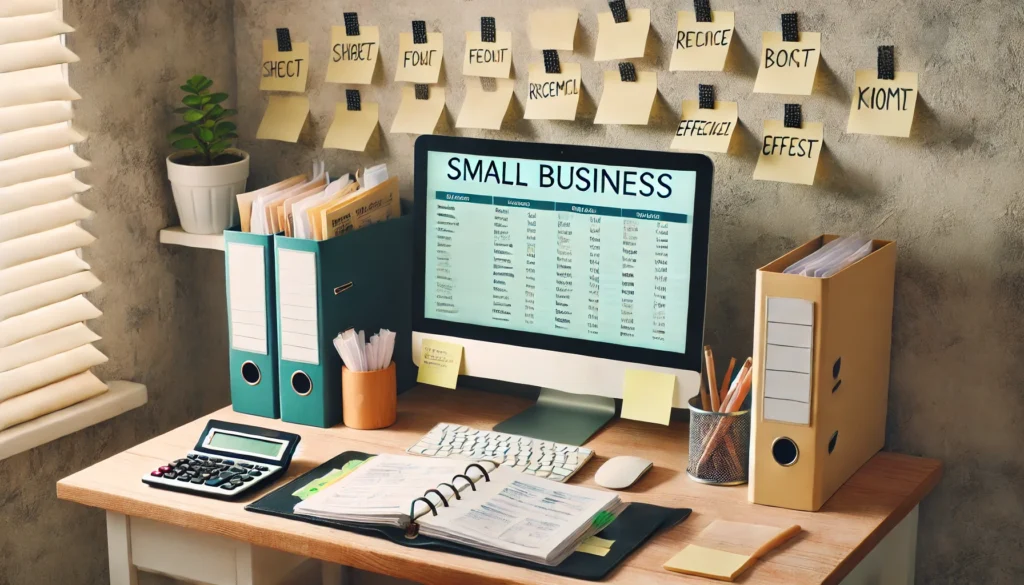 Small business workspace with a secondhand desktop computer, binder of organized receipts, and sticky notes on a monitor in a tidy room corner, illustrating resourceful and frugal operations