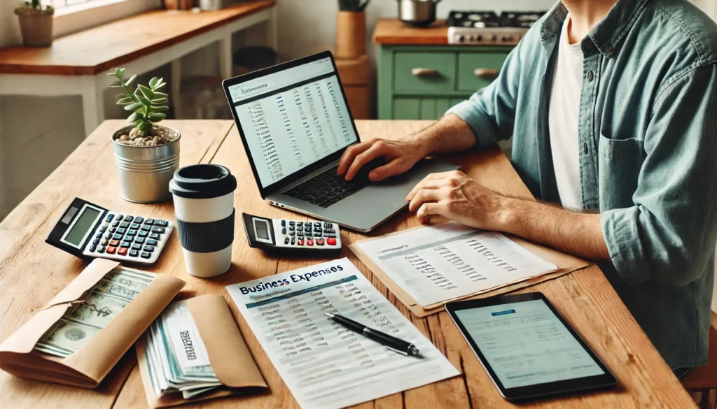 Entrepreneur managing small business expenses at a kitchen table with a laptop, spreadsheets, labeled envelopes, and a tablet, capturing a realistic, budget-friendly financial setup at home