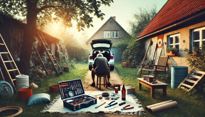 Person repairing car at home in a modest driveway with basic tools, symbolizing do-it-yourself maintenance and practical frugal savings.