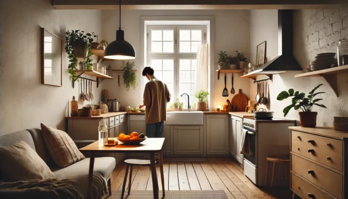 A warm, sunlit small apartment kitchen with second-hand yet stylish furniture and a person preparing a fresh, healthy meal—illustrating budget-conscious living that maintains comfort and quality