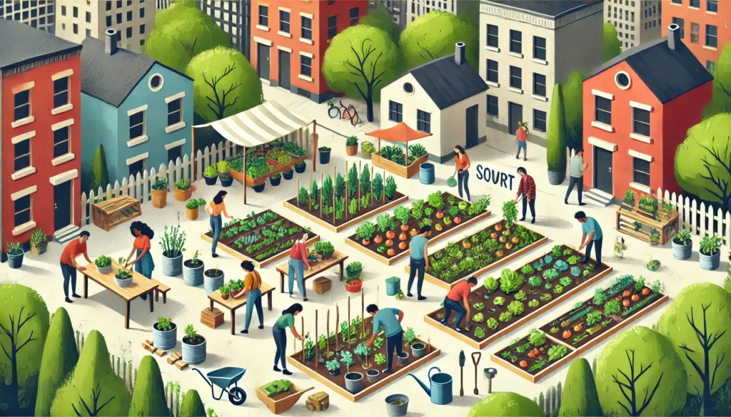 Diverse individuals working together in a small urban community garden with handmade planters and lush greenery—symbolizing frugal, healthy living through homegrown food and resourceful habits