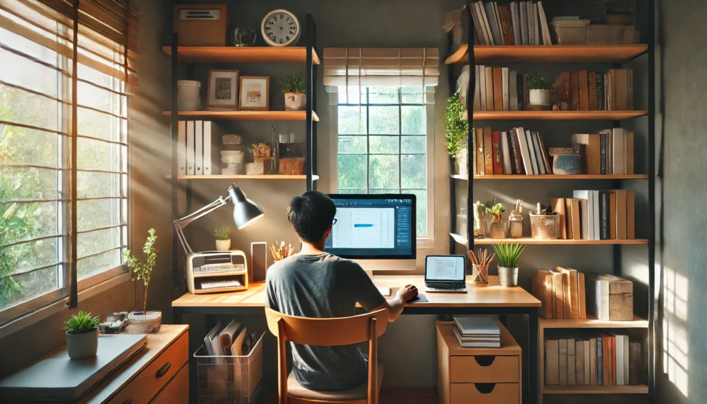 A tidy, compact home workspace with a second-hand computer and a person engaged in online work or learning—depicting smart, low-cost productivity and personal growth within a low-income lifestyle