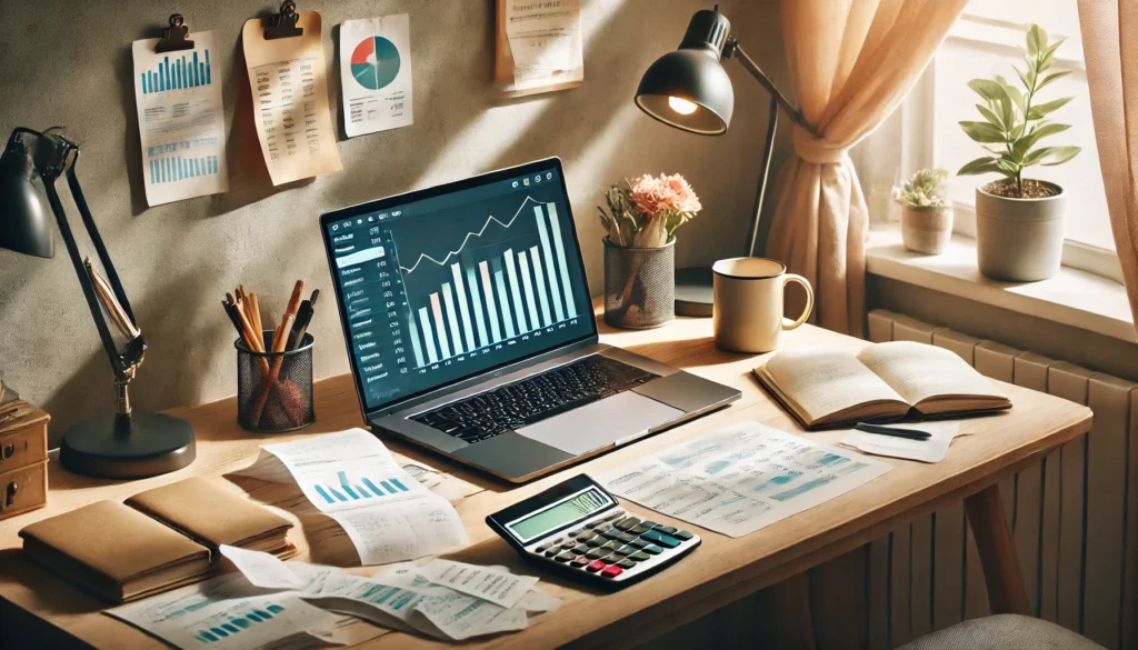 Minimalist home office with a laptop displaying digital receipts and graphs, surrounded by neatly organized paper receipts and a calculator, symbolizing frugal living through expense tracking