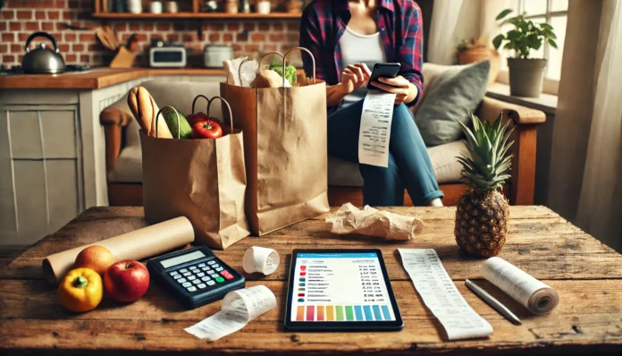 Person at a kitchen table scanning grocery receipts with a smartphone, surrounded by shopping bags and a tablet displaying budget-tracking software, illustrating tech-driven frugal living
